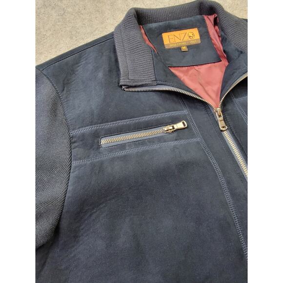 Enzo Tovare Coat Mens Medium Blue Faux Suede Elbow Patches Bomber Jacket - Picture 3 of 14